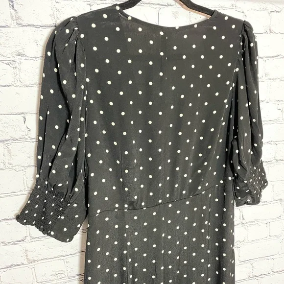 New H&M Black and White Polka Dot Puff Sleeve Crepe V Neck Dress Size L